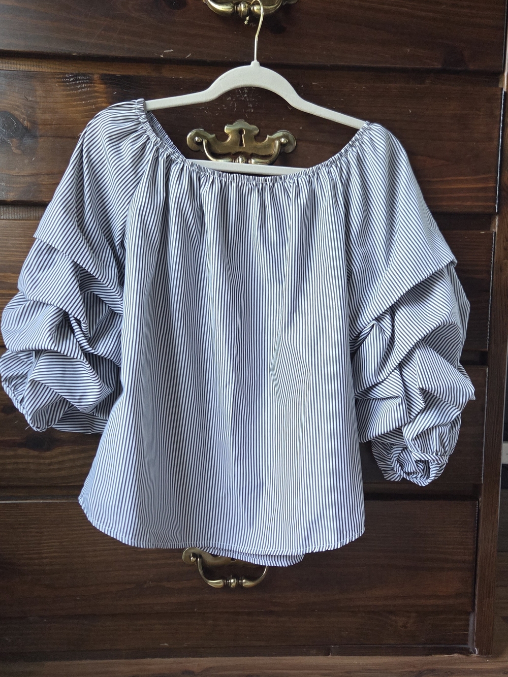 Striped Off-Shoulder Peasant Top in Blue and White